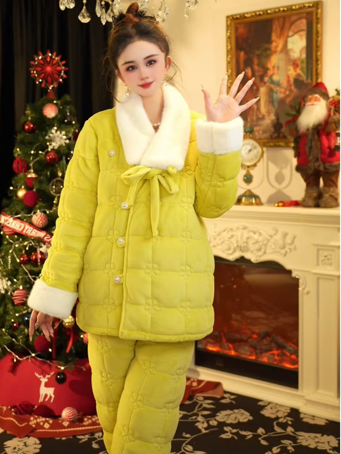 【黄柳霜】24冬季新款气质国风时尚保暖加厚夹棉甜美可外穿家居服