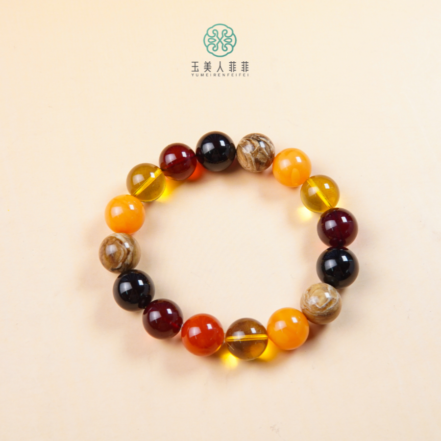 石惑珠宝%琥珀多宝圆珠手串约12mm%多样性发一