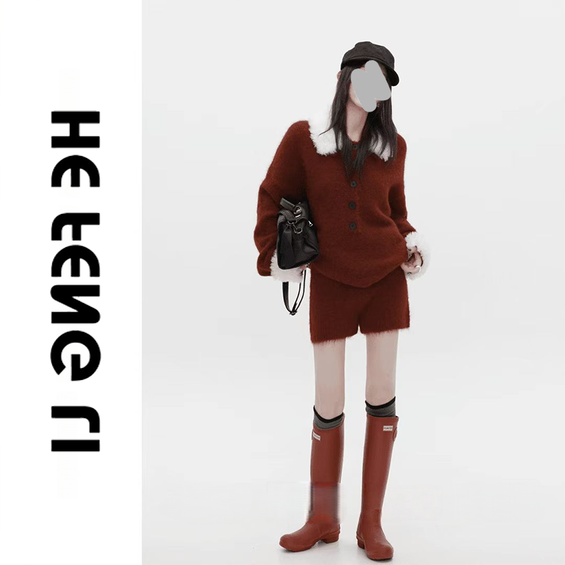 【狂欢邂逅】时尚套装氛围感毛领纽扣套头毛衣显瘦针织短裤两件套