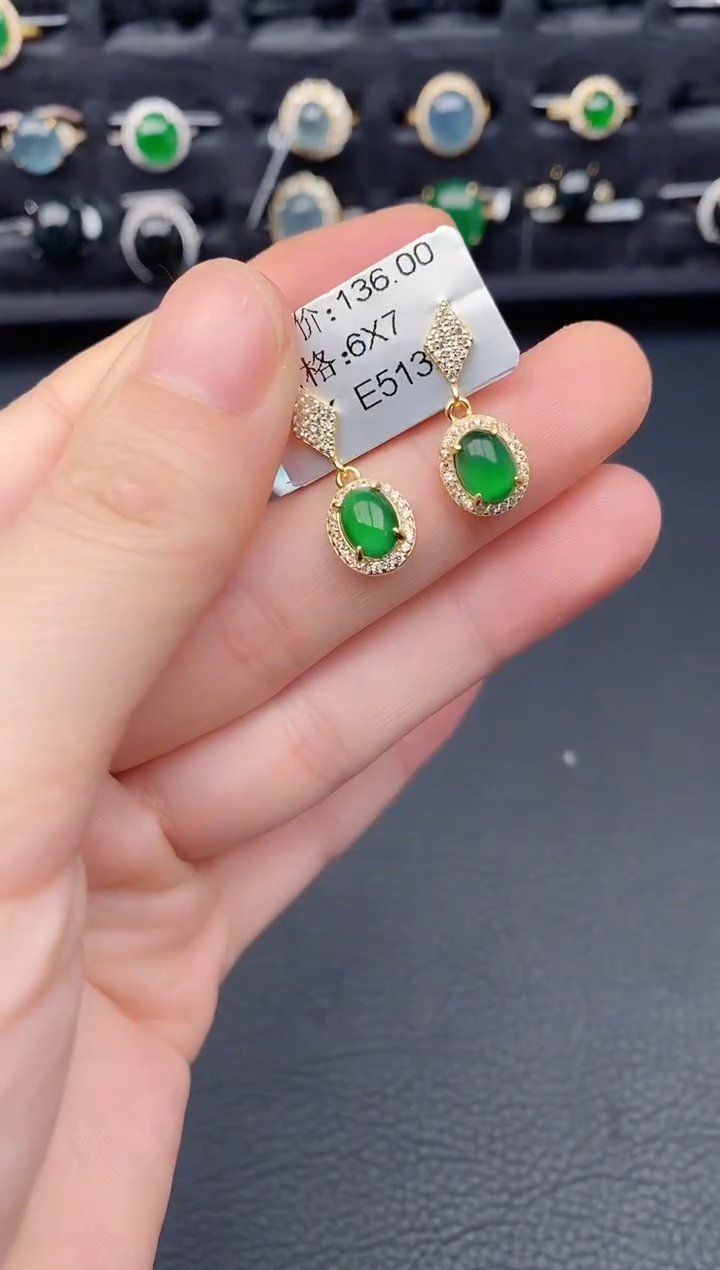 银S925镶嵌翡翠耳饰天然a货翡翠219