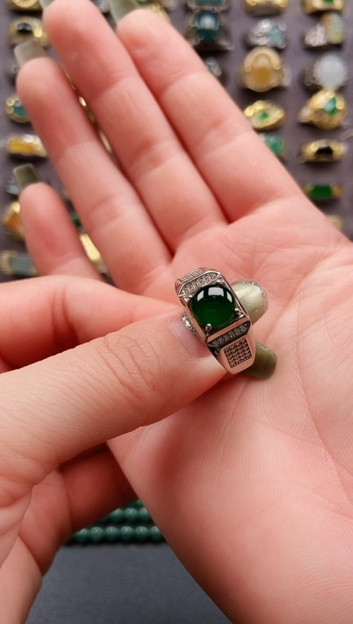 银S925镶嵌戒指翡翠纯天然A货翡翠男戒