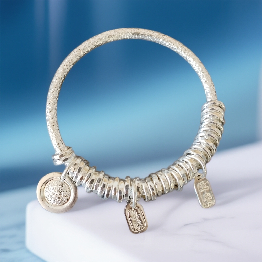 足银手镯 无盘缠吉言纯手工实心新中式百搭银镯子复古