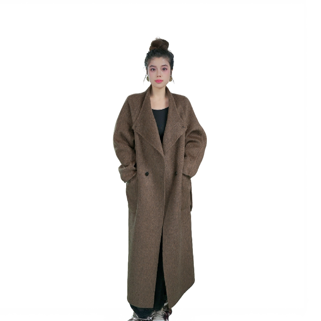 【楠大专属】百搭外套长款双面呢大衣长袖中长款呢大衣立领666016