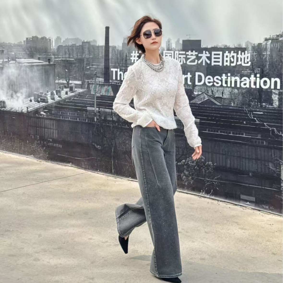 阿玛施AMASS新款水洗直筒裤春夏复古百搭亮片设计牛仔裤9100233