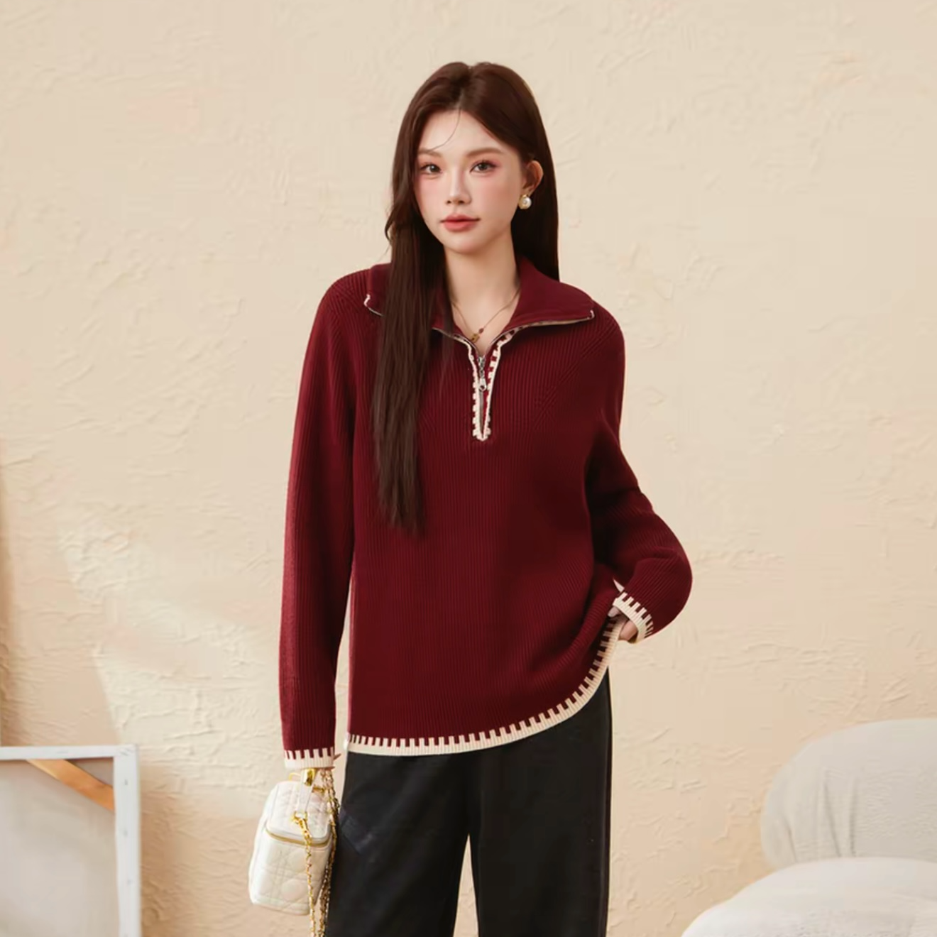 【866】大码胖mm拉链半高领撞色毛衣针织衫宽松显瘦遮肉上衣打底衫