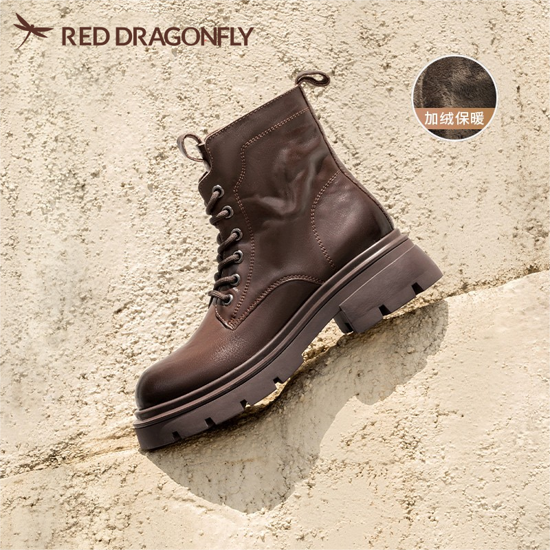 红蜻蜓马丁靴女新款英伦风秋冬加绒厚底增高短靴小个子真皮靴子女