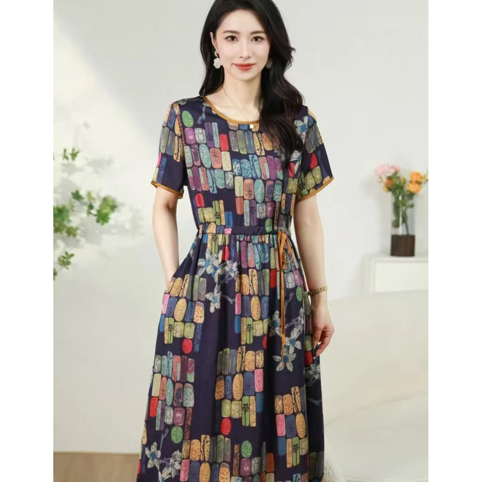 1069石头纹裙妈妈装高妈妈装洋气显瘦气质女装连衣裙