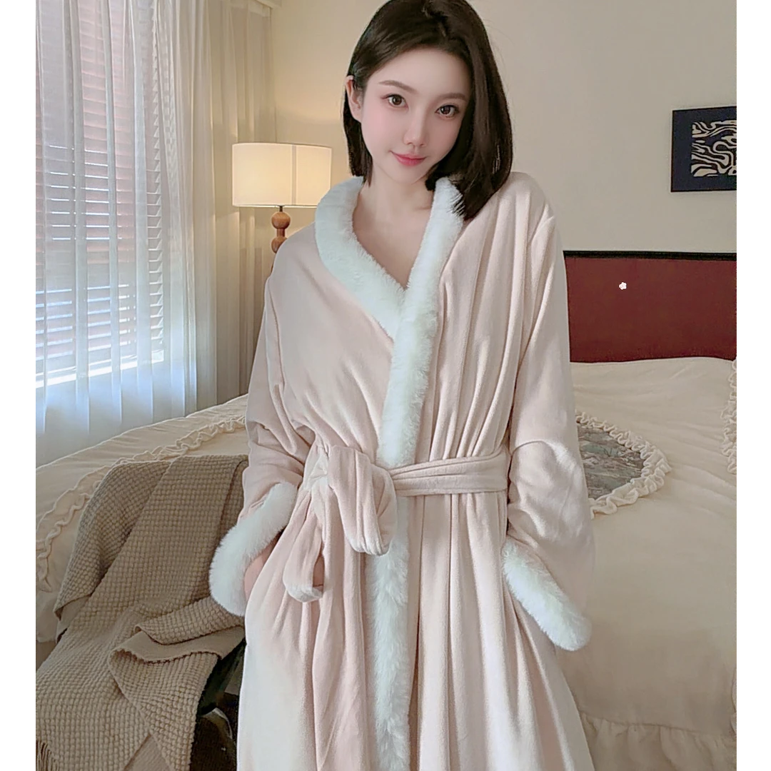 成人秋冬厚款纯色长袖睡袍晨袍显瘦温柔长裙仙女袍