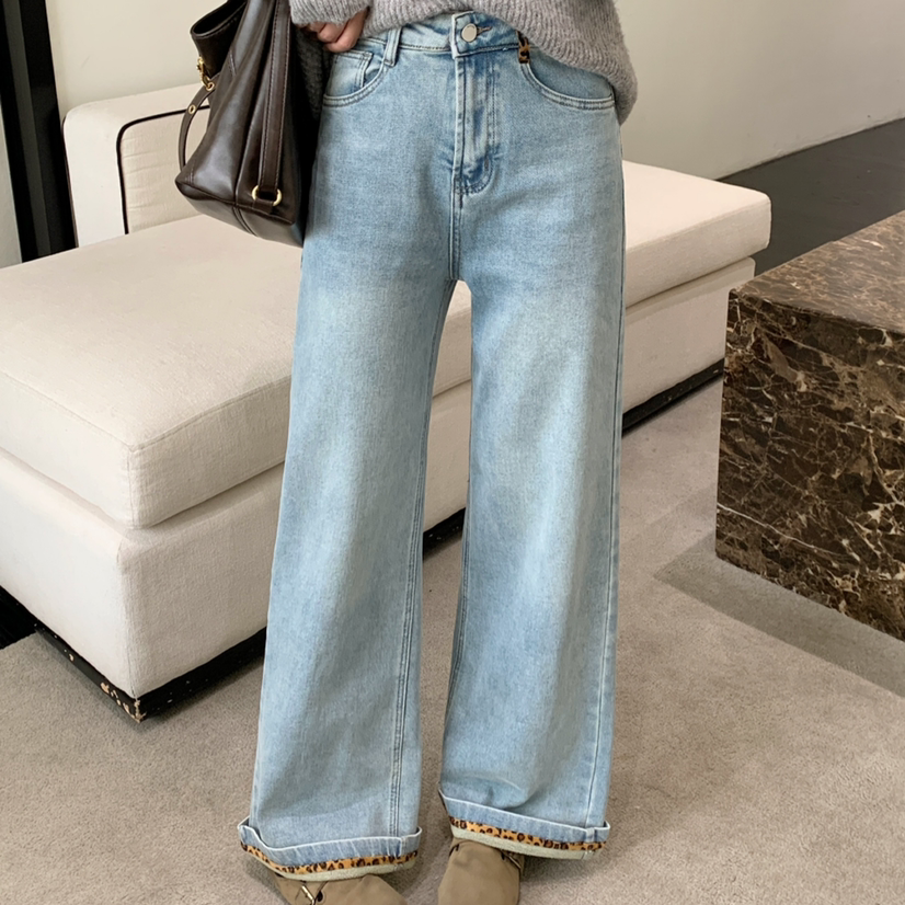 加厚德绒弹力百搭休闲小直筒牛仔裤豹纹