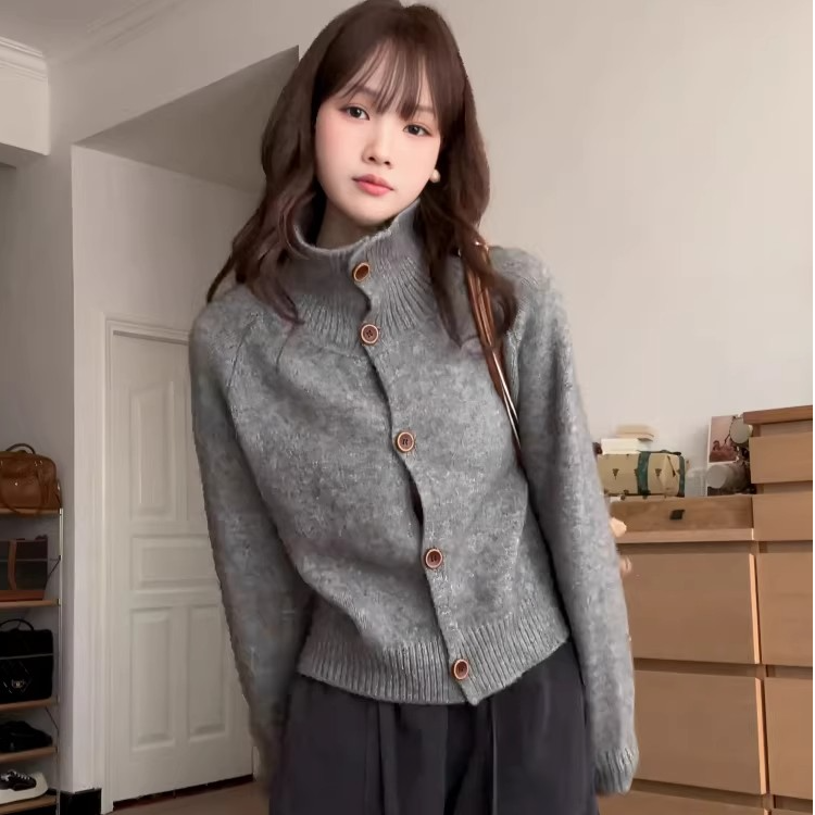 灰色高领百搭针织开衫女秋季慵懒风毛衣外套胖mm宽松显瘦气质上衣