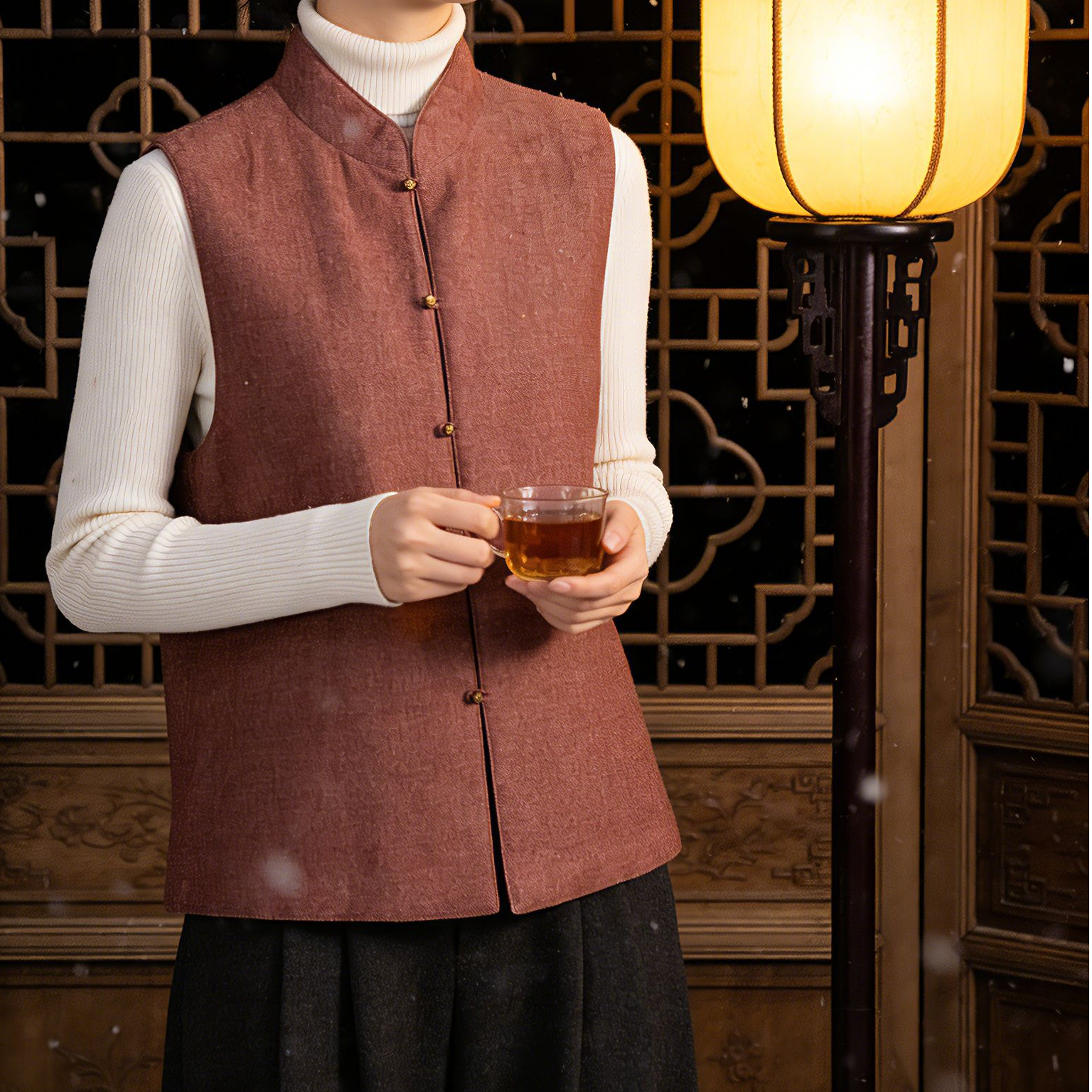 豆沙立领薄棉无袖马甲中国风冬季马夹中式秋冬休闲百搭