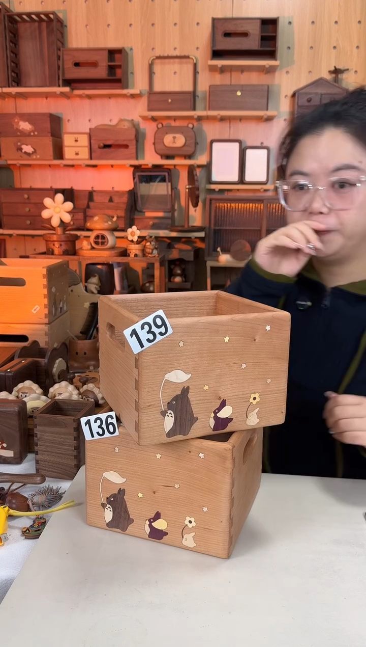 木139樱桃木方形龙猫收纳筐微瑕