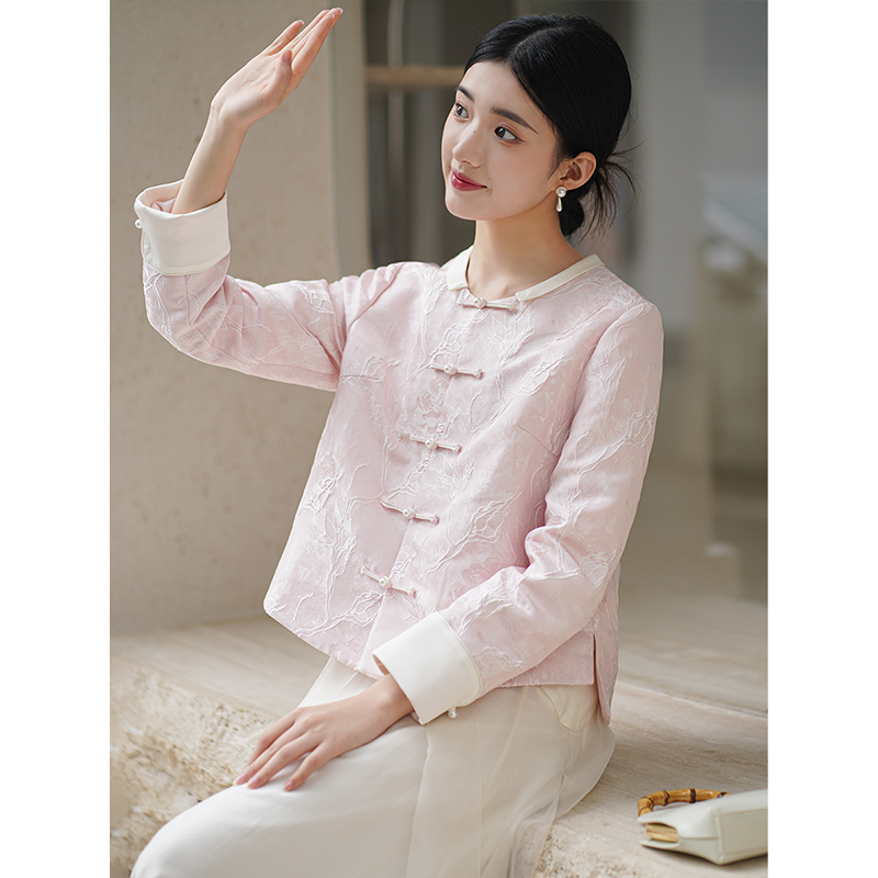 初蝉中国风原创秋装新款粉色唐装上衣新中式盘扣茶服外套0838-N