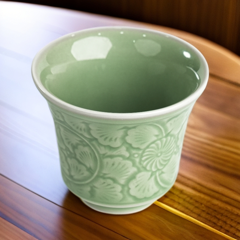 【官唐秘色】耀州窑牡丹铃铛杯高温青瓷复古茶杯家用功夫茶杯办公杯