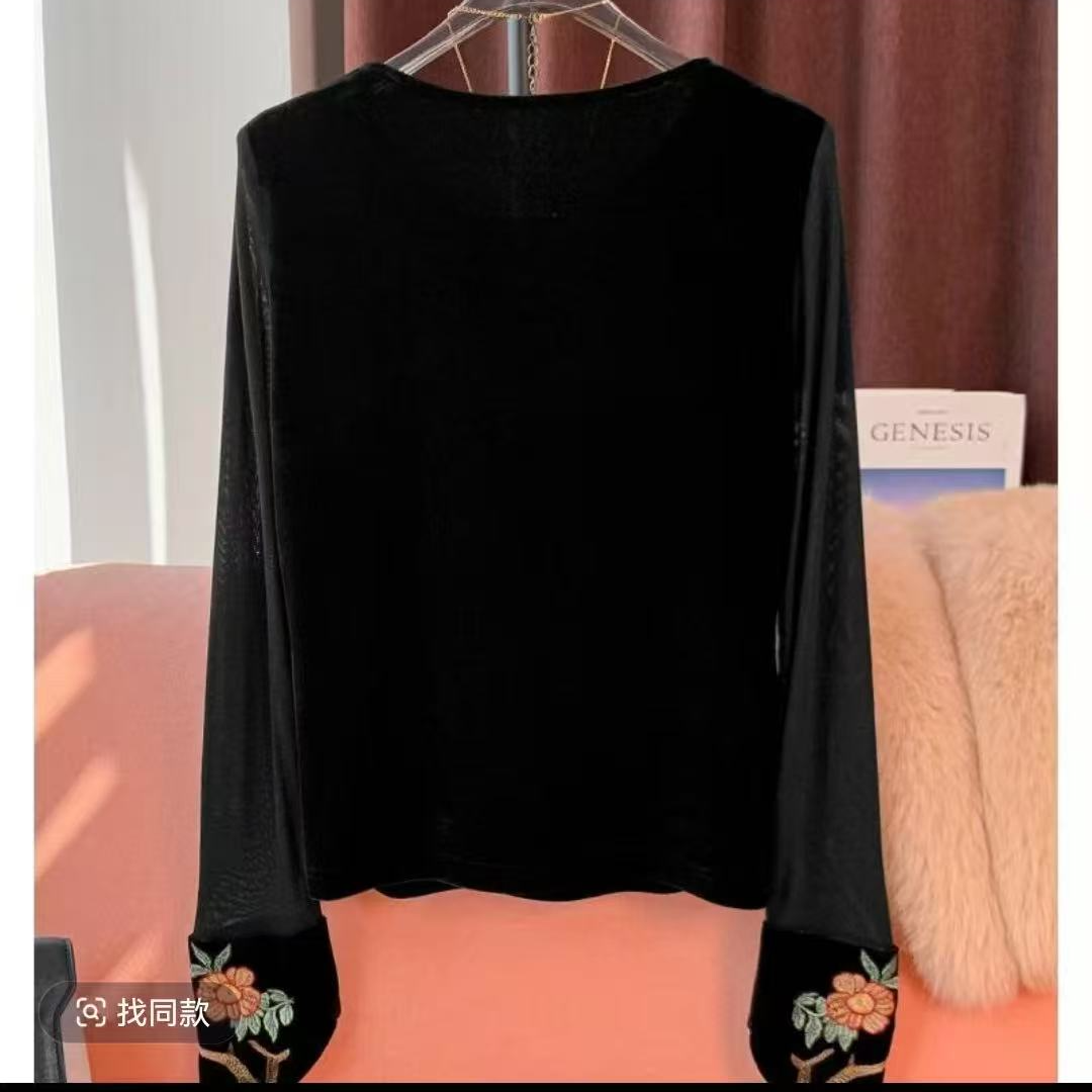 1975气质重工刺绣中式复古圆领长袖上衣女显瘦打底衫内搭