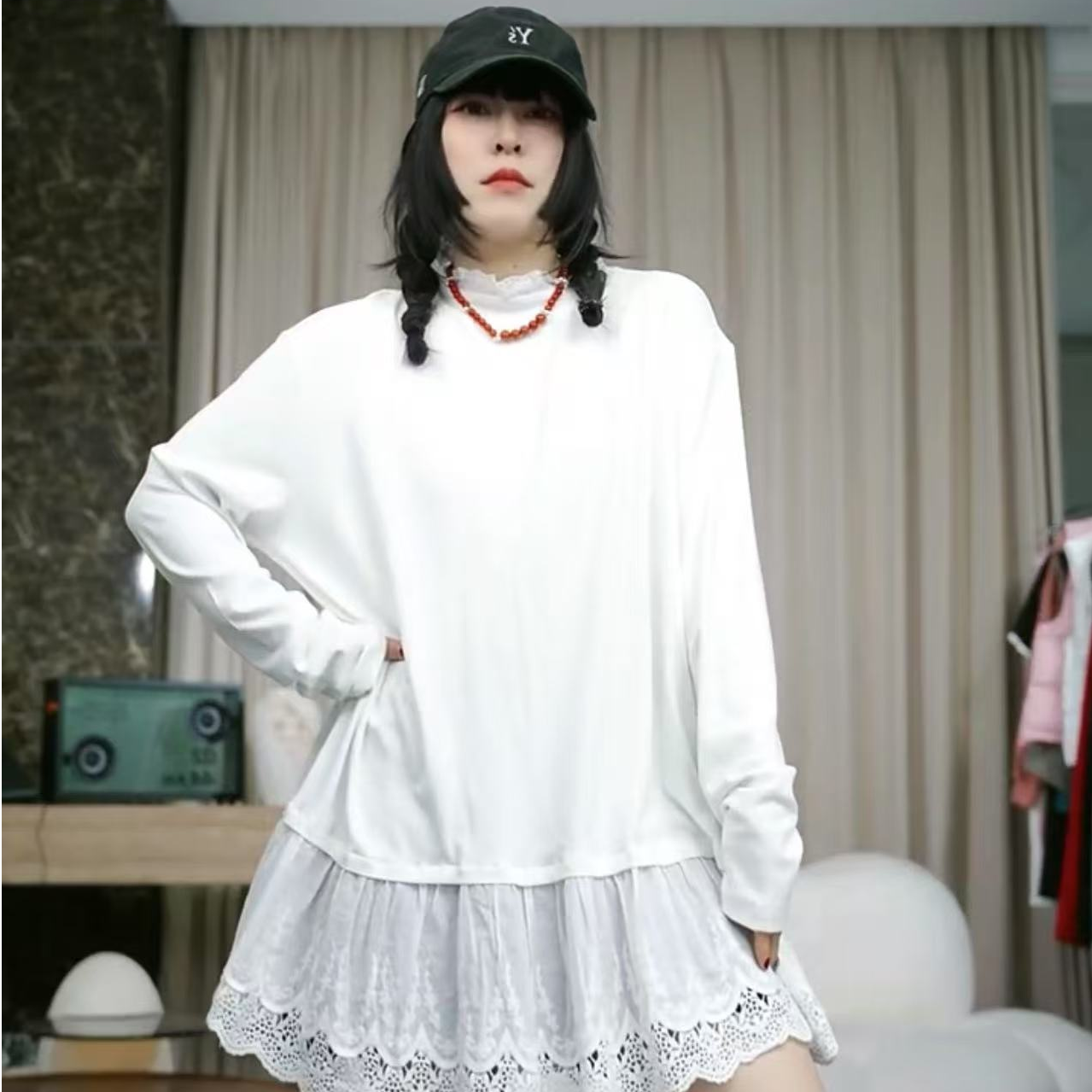 infobyfive罘蠡早春长袖宽松圆领拼接蕾丝打底衫连衣裙NF0502020