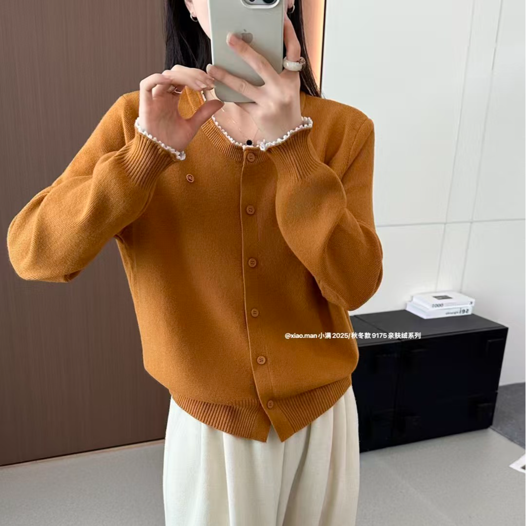 （花花家）2025秋季新款花边圆领针织长袖开衫外套女