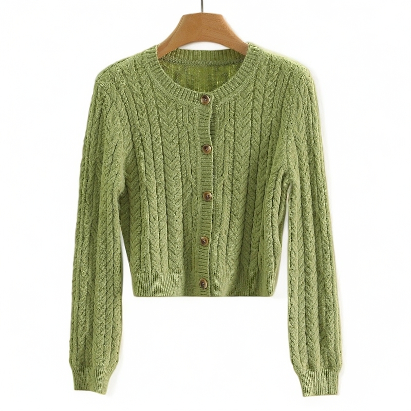 【开播福利】简约圆领纯色短款粗针毛衣开衫#RJY48U002