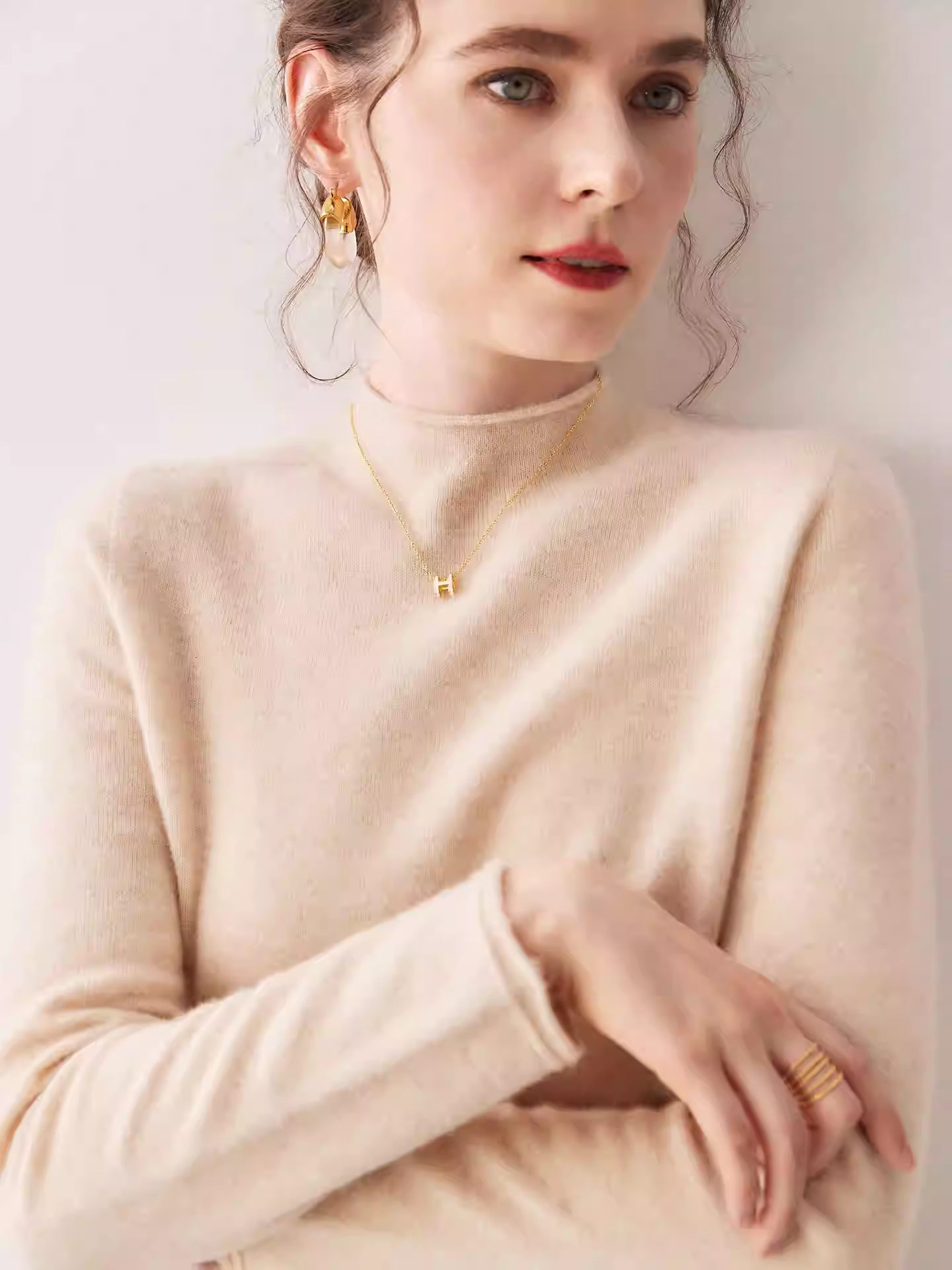 萌萌家/基础经典款 无缝一体羊绒衫半高领卷边宽松内搭针织衫毛衣