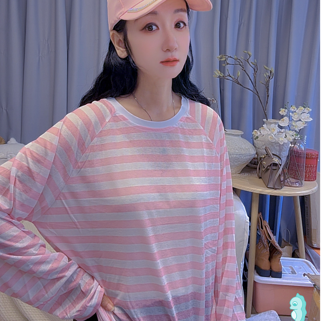 M53A001慕之淇含棉慵懒风宽松条纹薄款防晒韩版套头长袖上衣