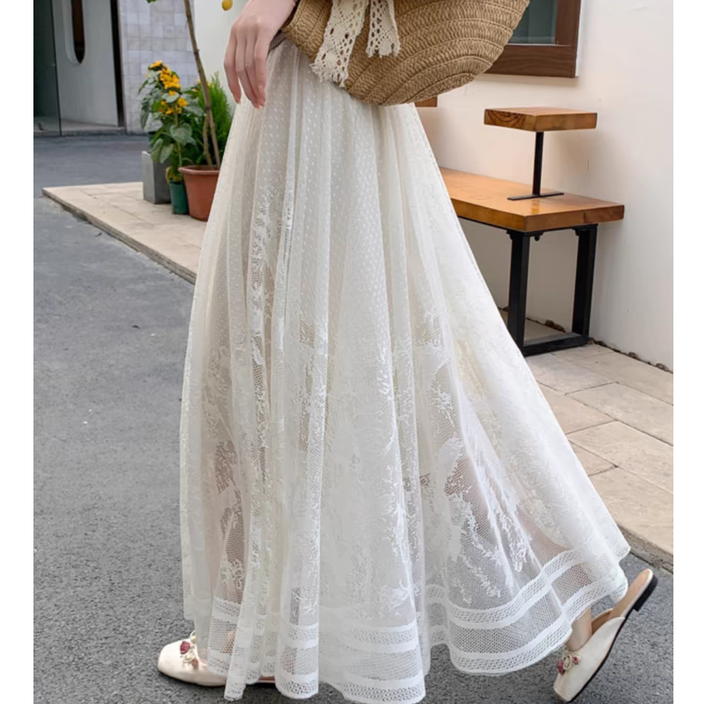 法式镂空蕾丝半身裙女早秋2025新款高腰显瘦垂感a字伞裙大摆长裙