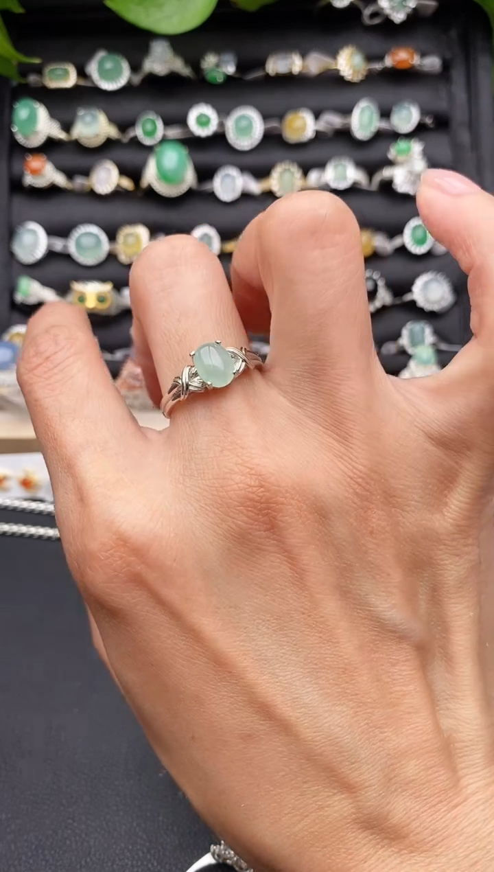 【闪购商品】翡翠戒指银S925镶嵌缅甸天然A货翡翠444   5-6