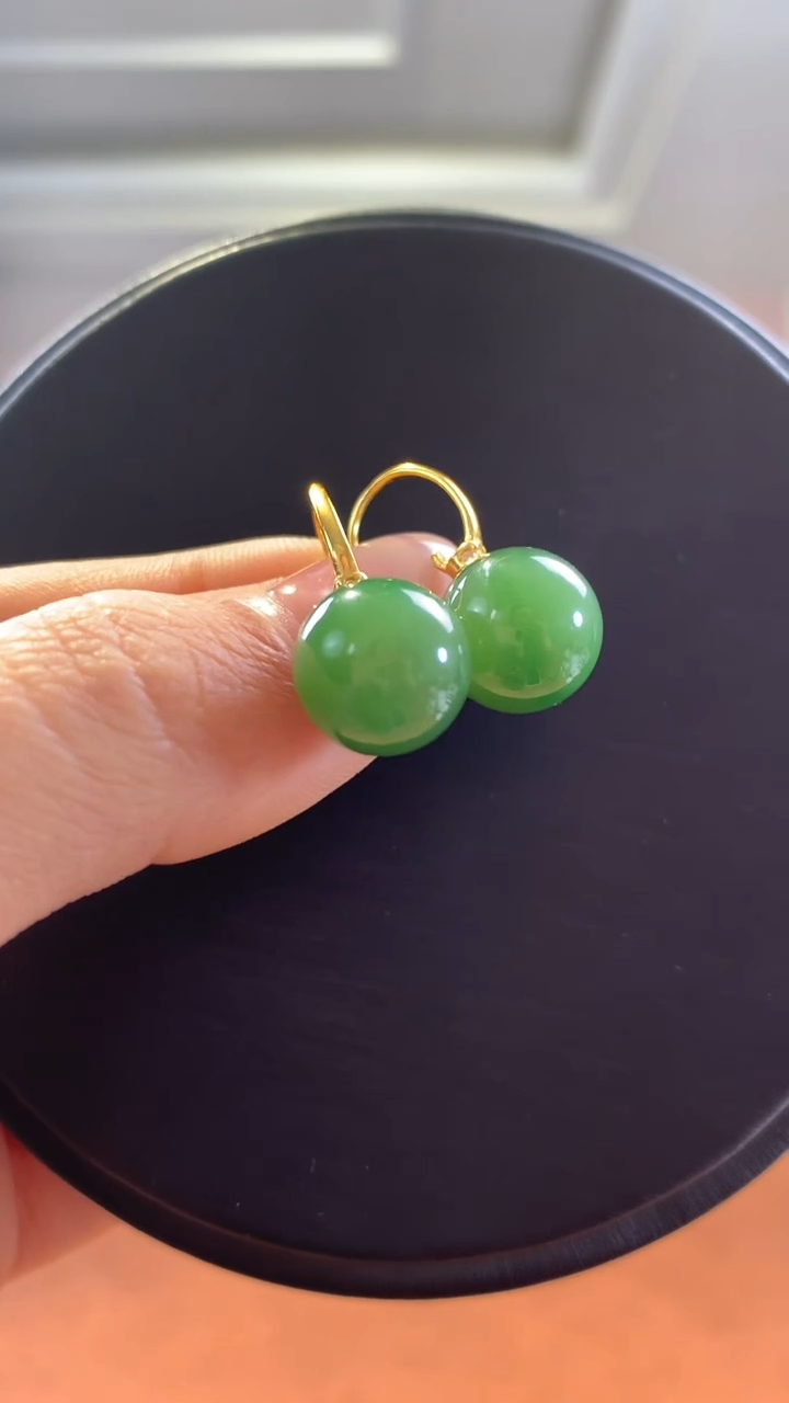 银S925镶嵌和田玉挂件碧玉圆珠耳坠
