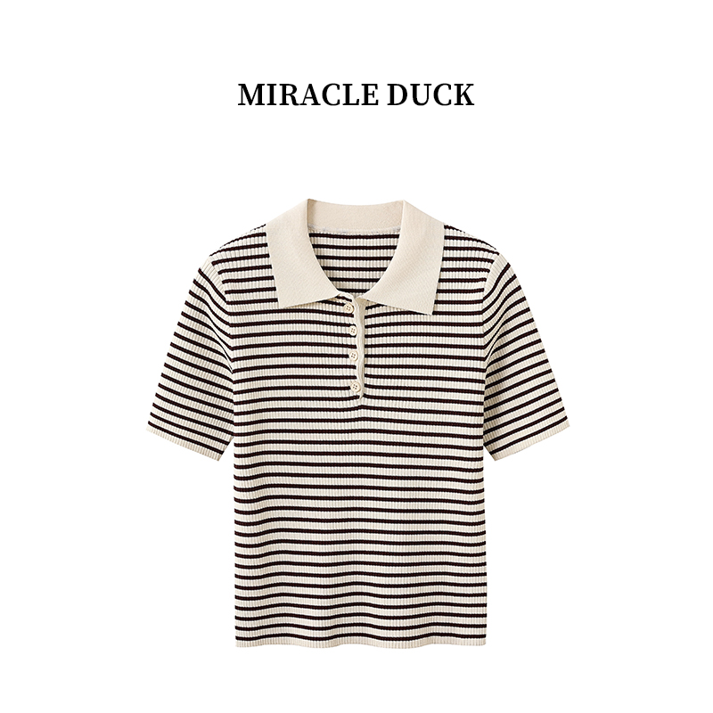 1号【椰香海韵】夏季POLO领短款拼接翻领条纹薄款冰丝针织衫C1635