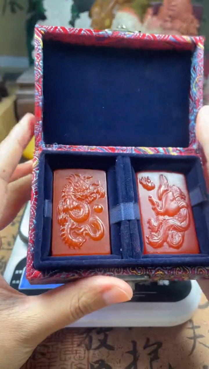 寿山石印石红田料龙凤对章 龙腾虎跃 鸾凤和鸣