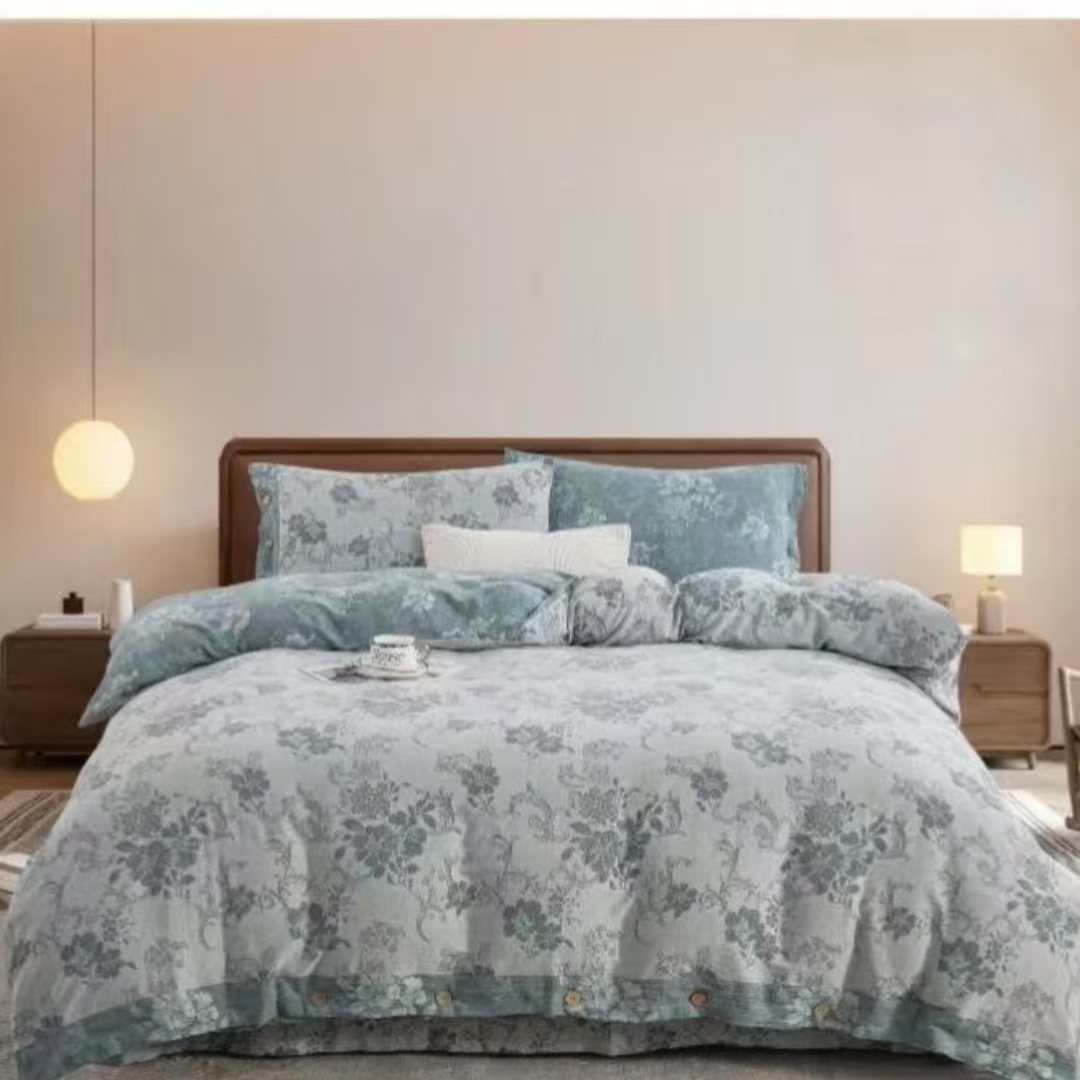 【樱花绽放蓝】罗布麻双层纱棉麻床单--230cm*245cm