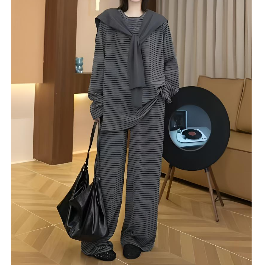 慵懒风条纹披肩上衣长裤套装春秋时尚休闲宽松百搭韩版秋季