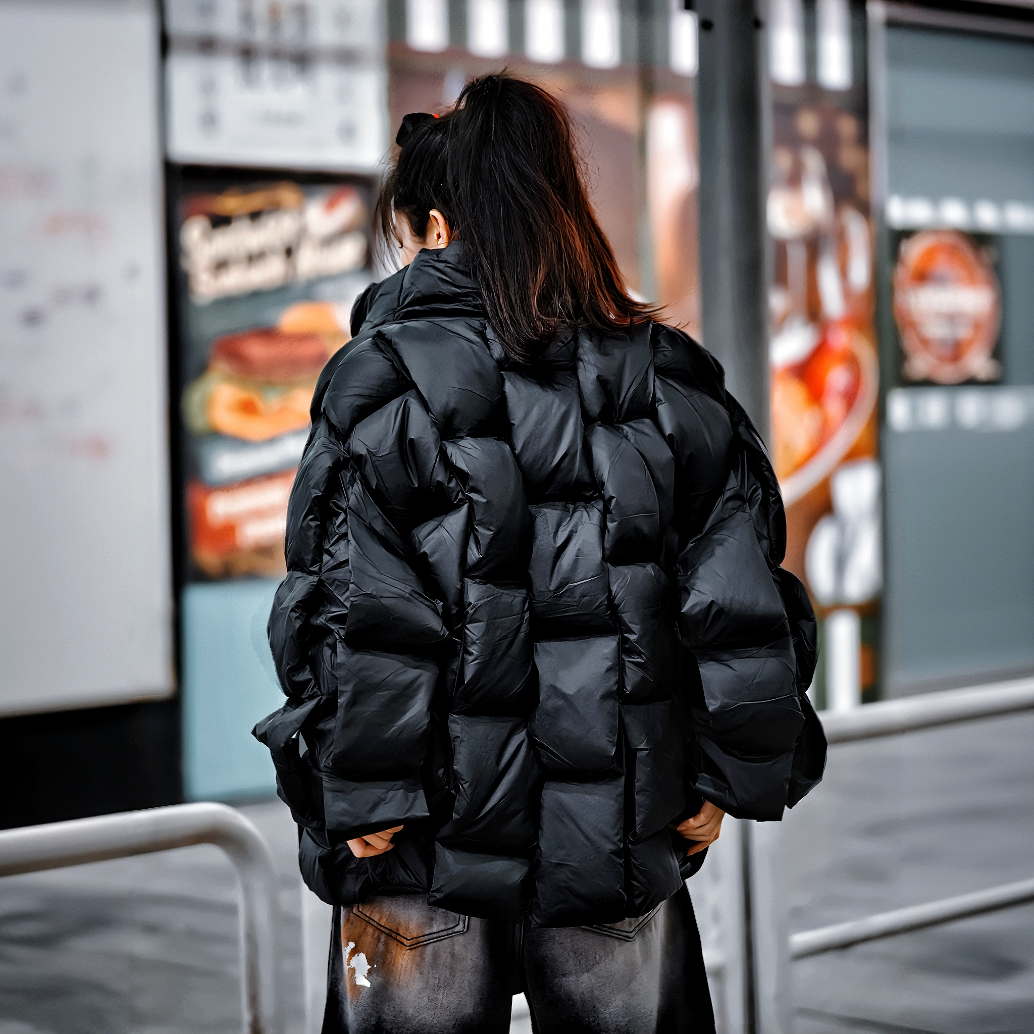 暗黑街头风廓形亮面保暖防寒服潮人冬季炸街痞帅外套