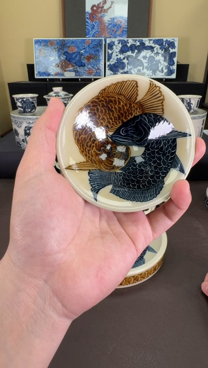 【闪购商品】二号釉金龙鱼斗笠杯