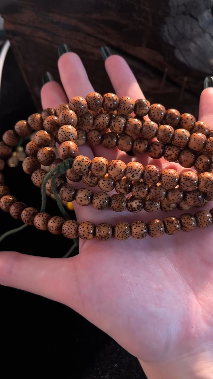 手串星月菩提精工级粉皮浅珀花皮桶珠长串（B）