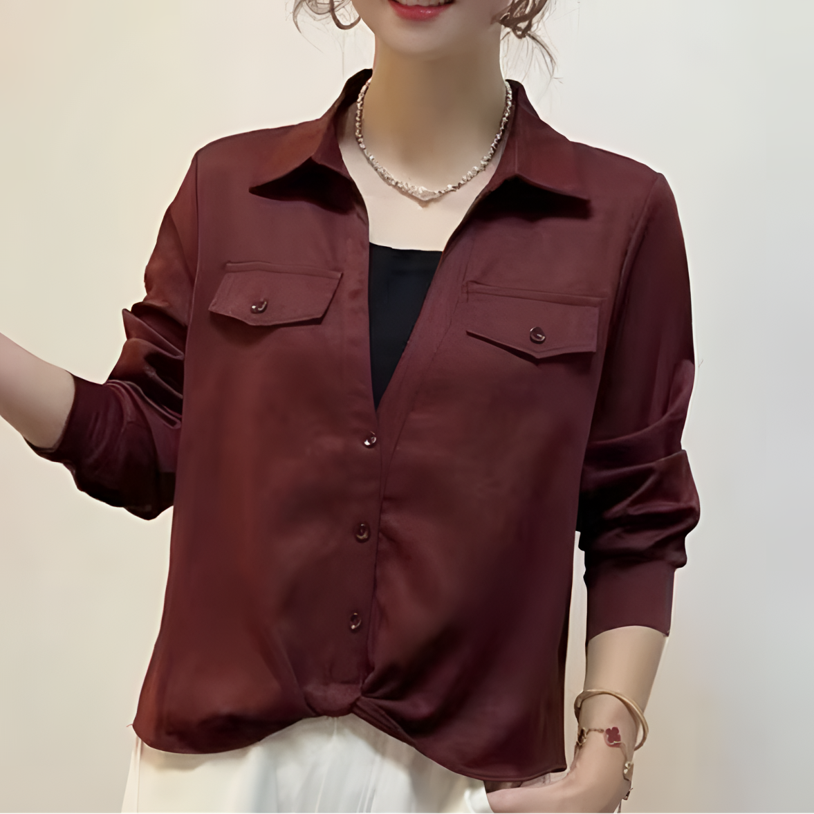 秋季衬衫女气质翻领法式捏褶洋气上衣女款假两件减龄显瘦短款衬衣