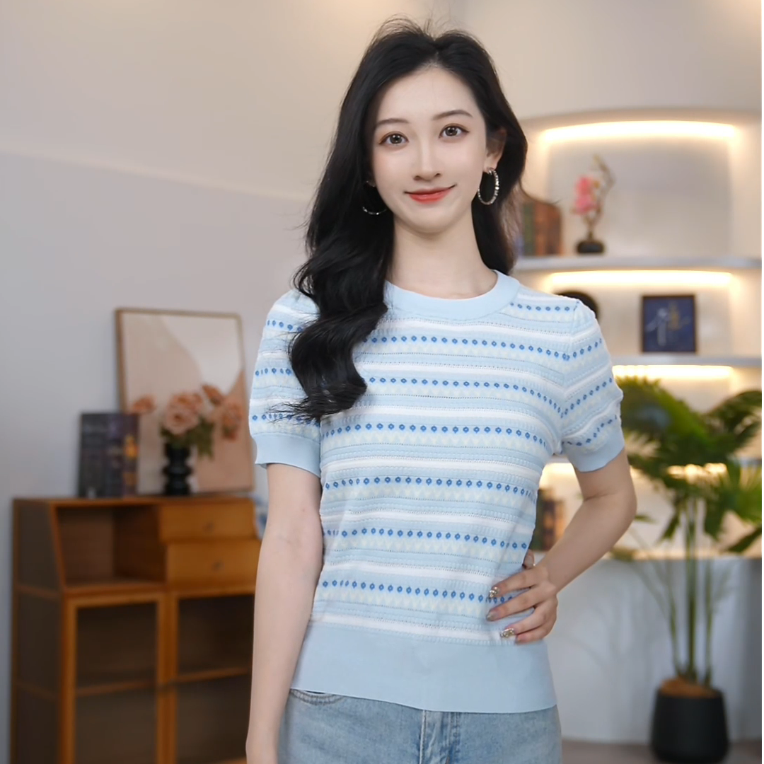 【曼贝】短袖夏季薄款针织衫洋气精致经典百搭通勤 8542693【月月】