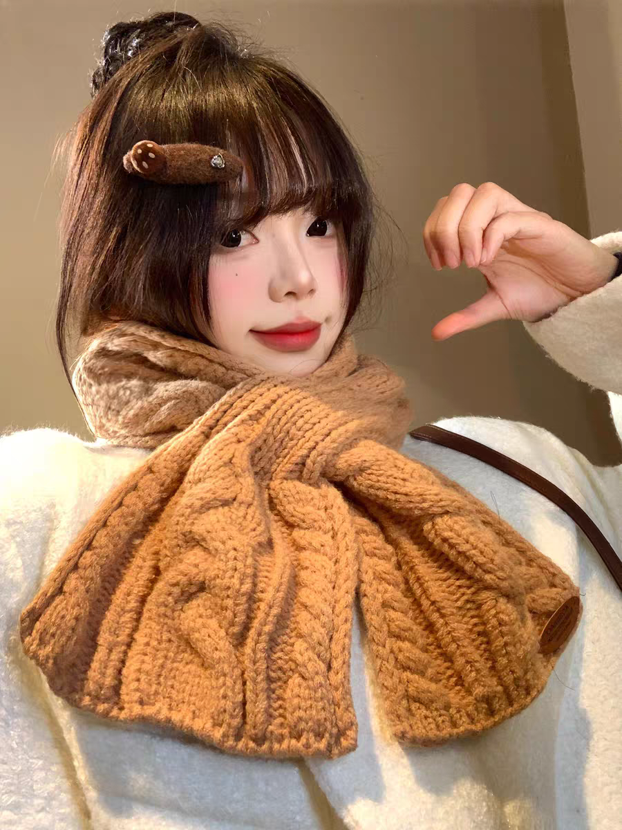 麻花针织毛线小围巾女冬季复古百搭装饰保暖防寒护颈短款交叉围脖