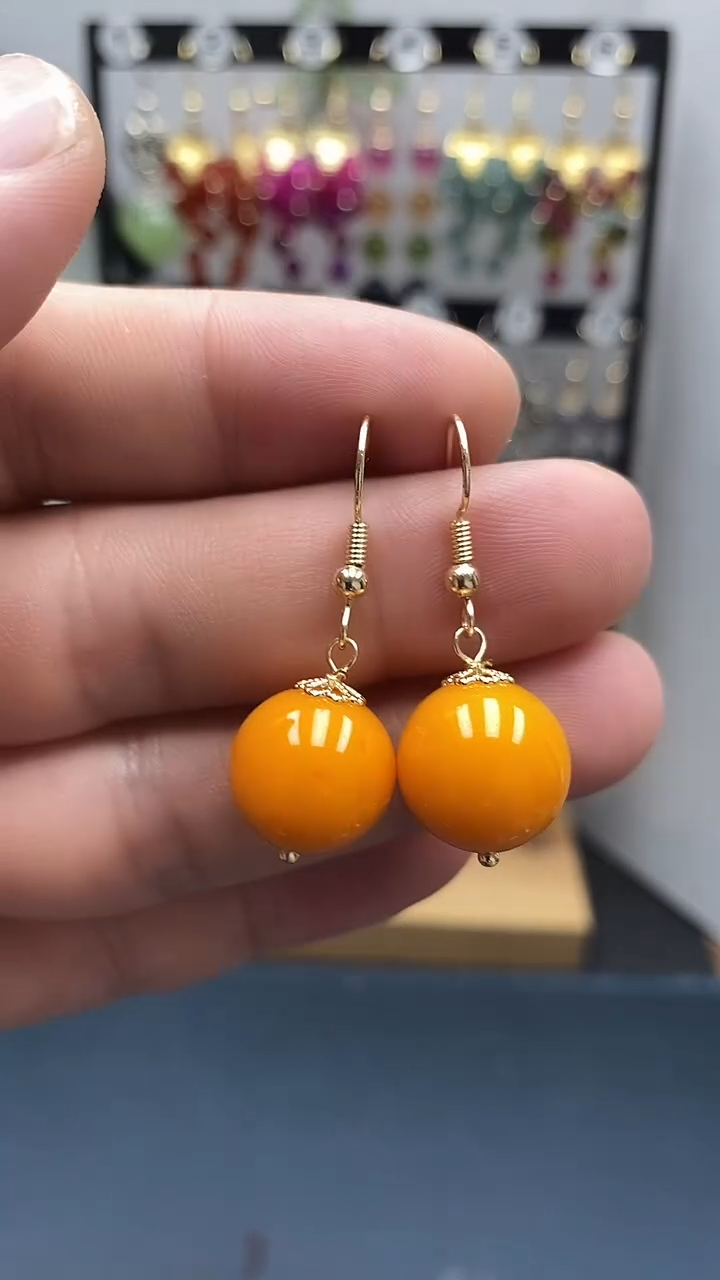 银S925镀金镶嵌蜜蜡耳饰尺寸14mmC3