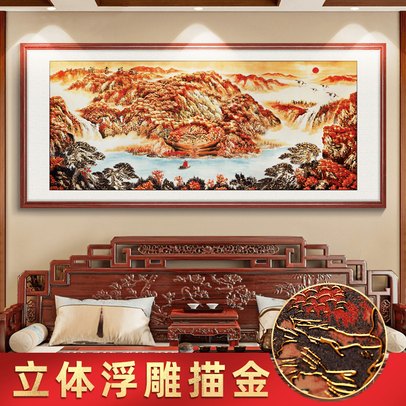 浮雕描金【鸿运当头2】古风山水画客厅装饰画背景墙挂画茶室壁画