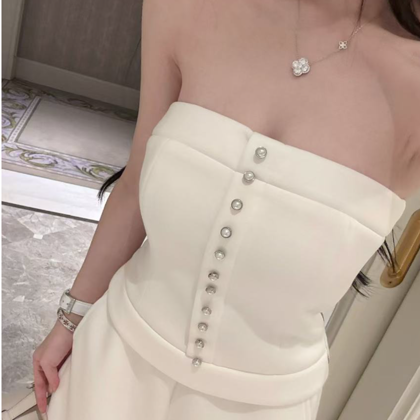 【一如初见】秋冬白色休闲简约纽扣抹胸背心短款气质时尚百搭打底