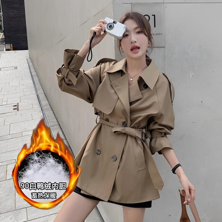 2025冬季短款风衣女白鸭绒收腰含羽绒内胆气质翻领羽绒服外套