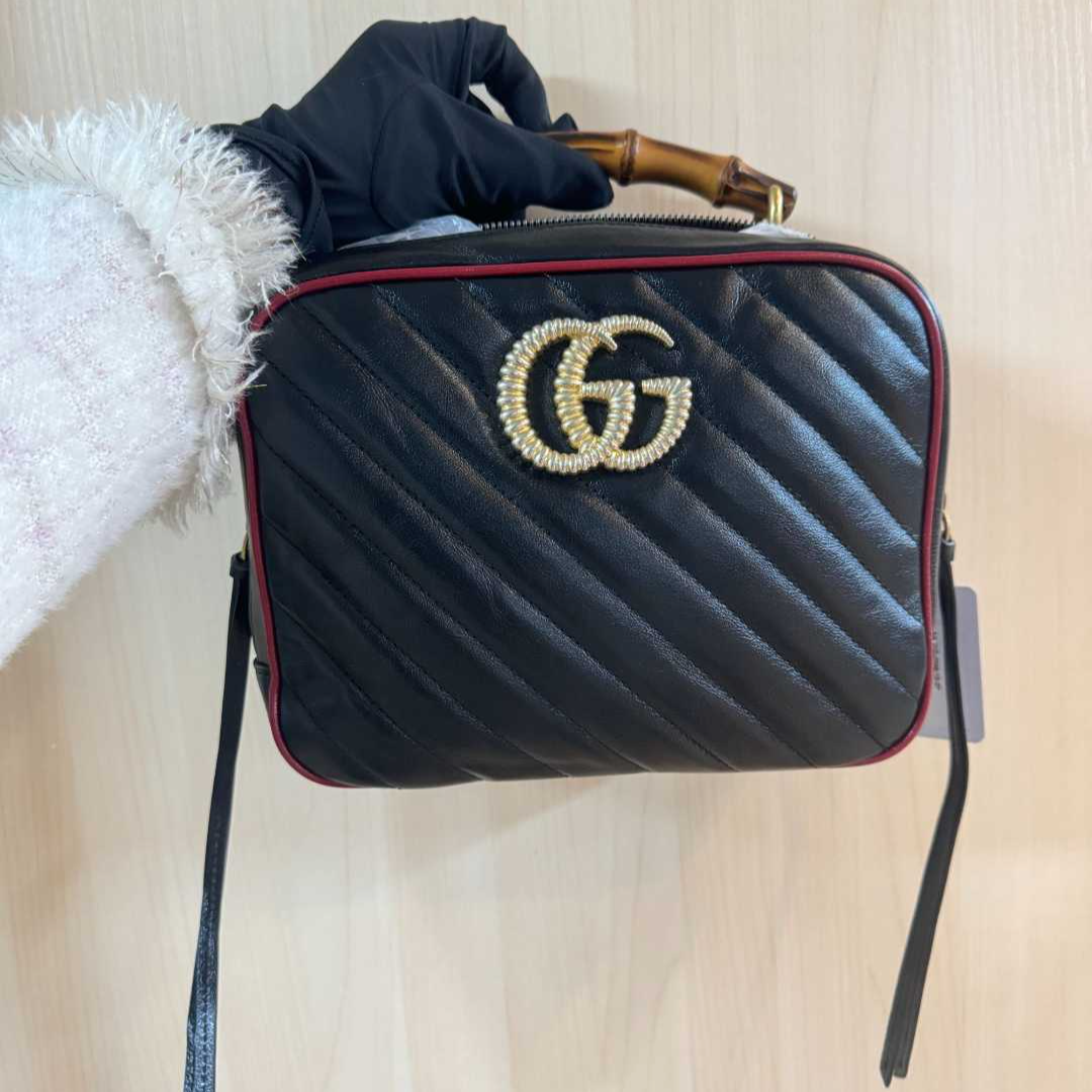 95新 GUCCI/古驰 黑色红边竹节马蒙相机包/云海优选/55339