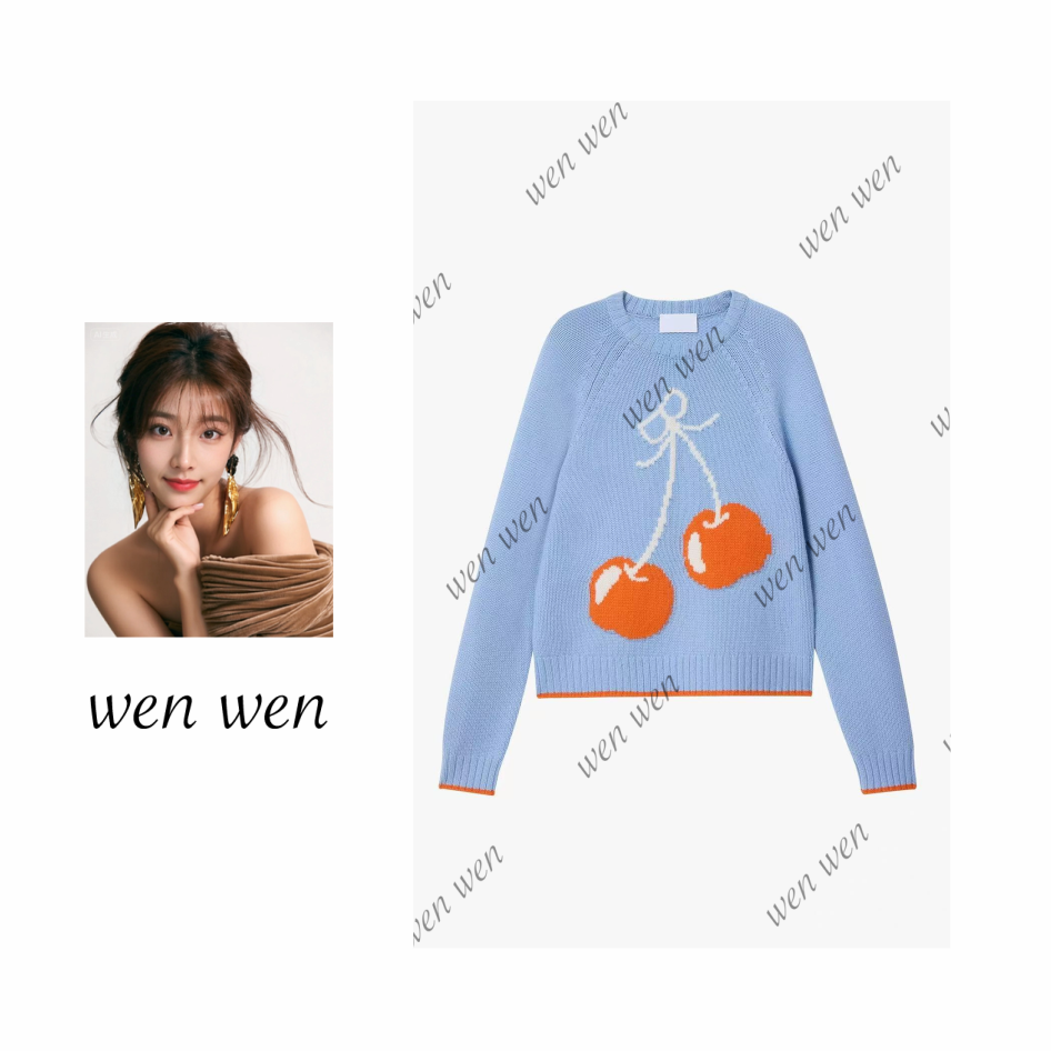 【文WENWEN】59080【BL】秋季新款时尚简约圆领樱桃提花针织衫