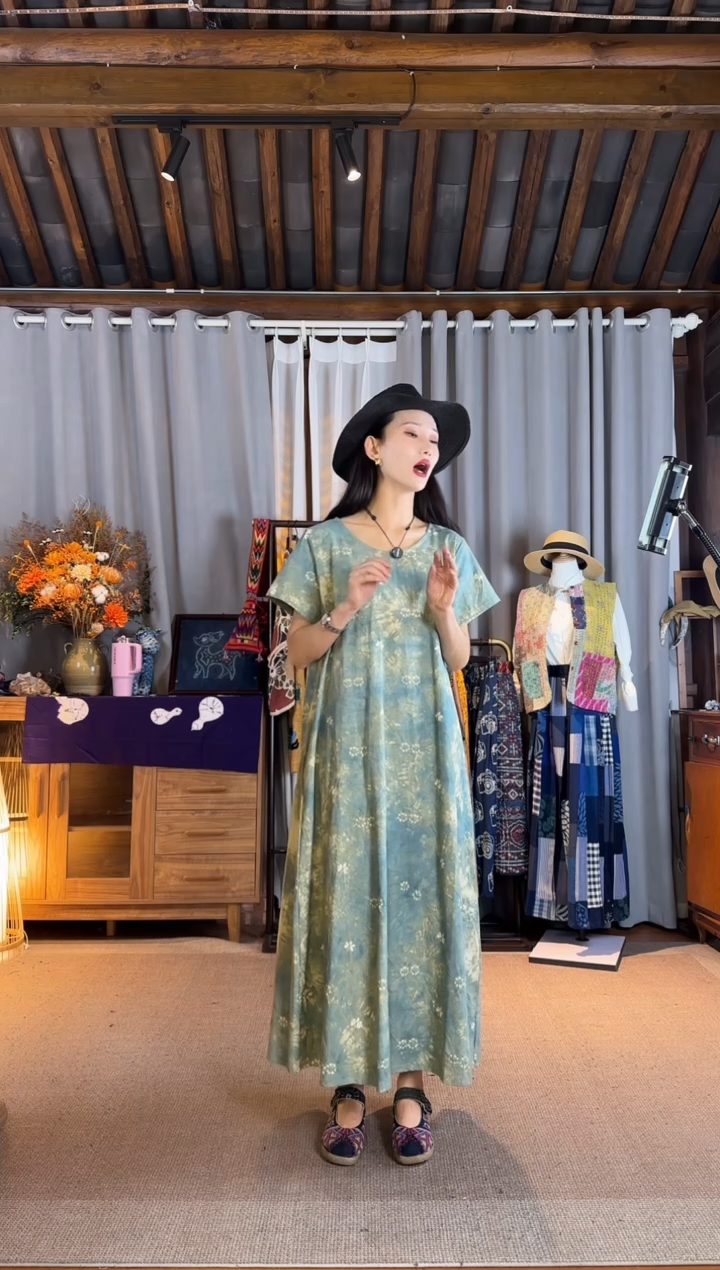 设计师款黄绿扎花棉麻短袖连衣裙