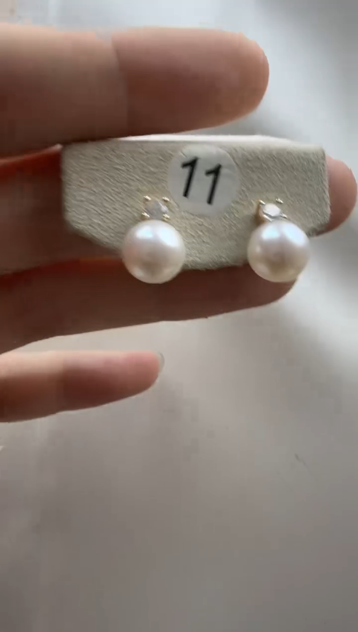 银S925镶嵌淡水珍珠耳饰8-9mm王妃耳钉