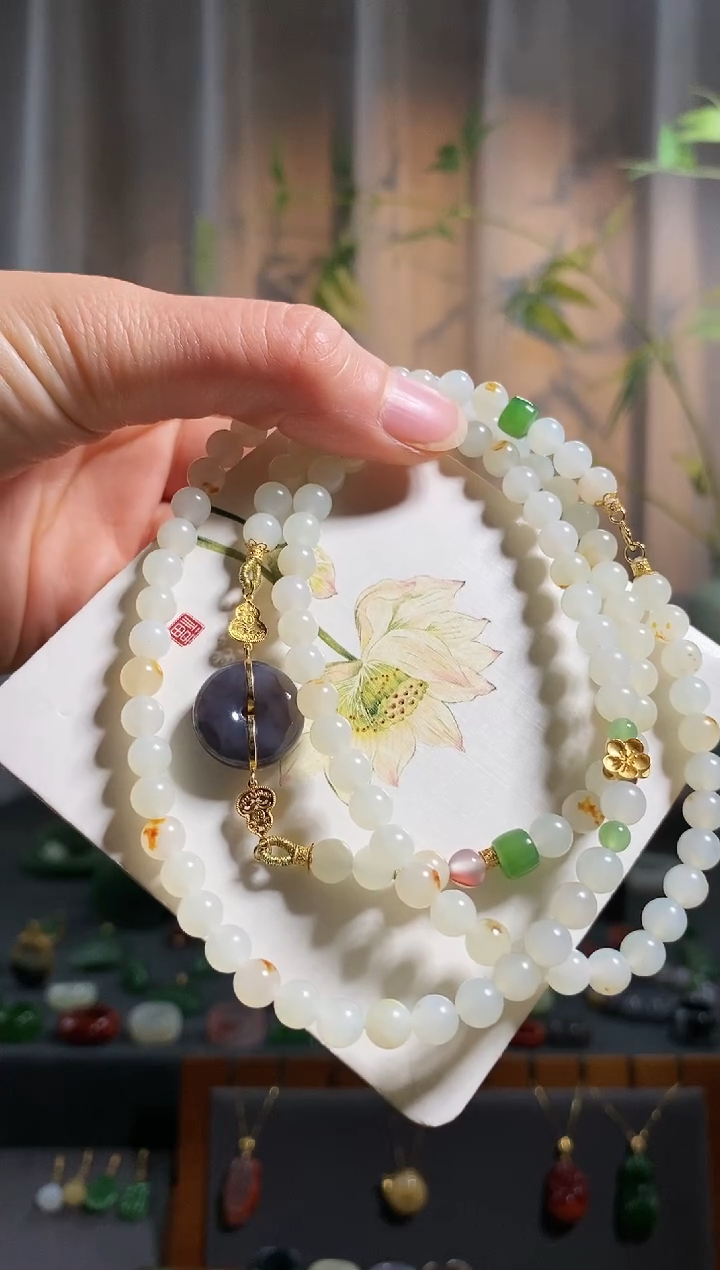 【闪购商品】和田玉颈饰18K金镶嵌，俄山流水多圈手链，颈饰