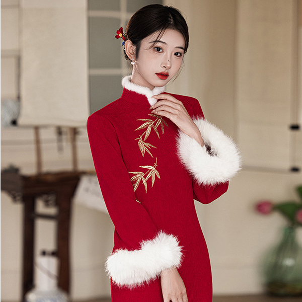 加厚加绒款！红色旗袍敬酒服新娘订婚礼裙秋冬季新中式结婚拜年服