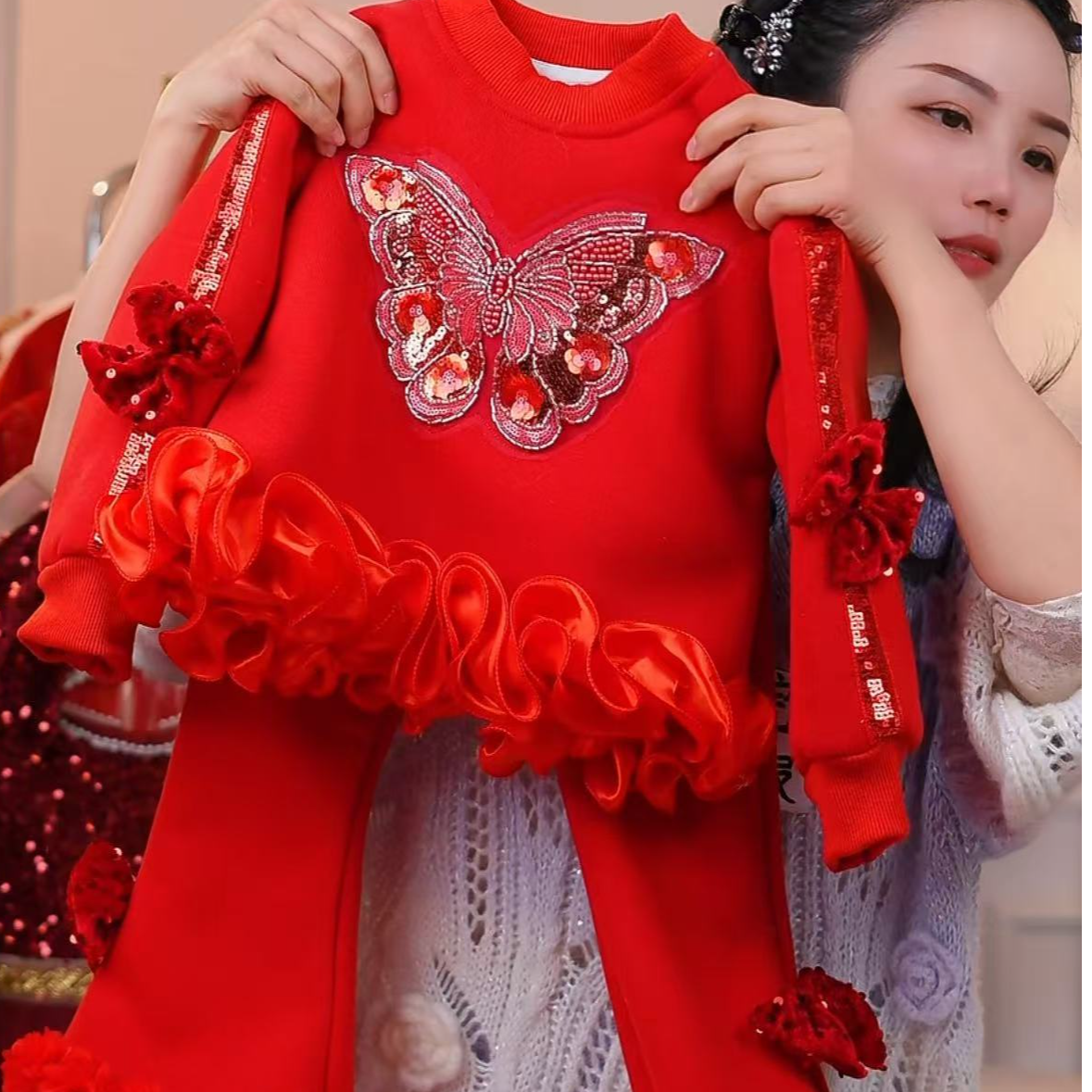 拜年服-【亮片蝴蝶】卫衣加绒套装-年服套装-新款2025女童套装
