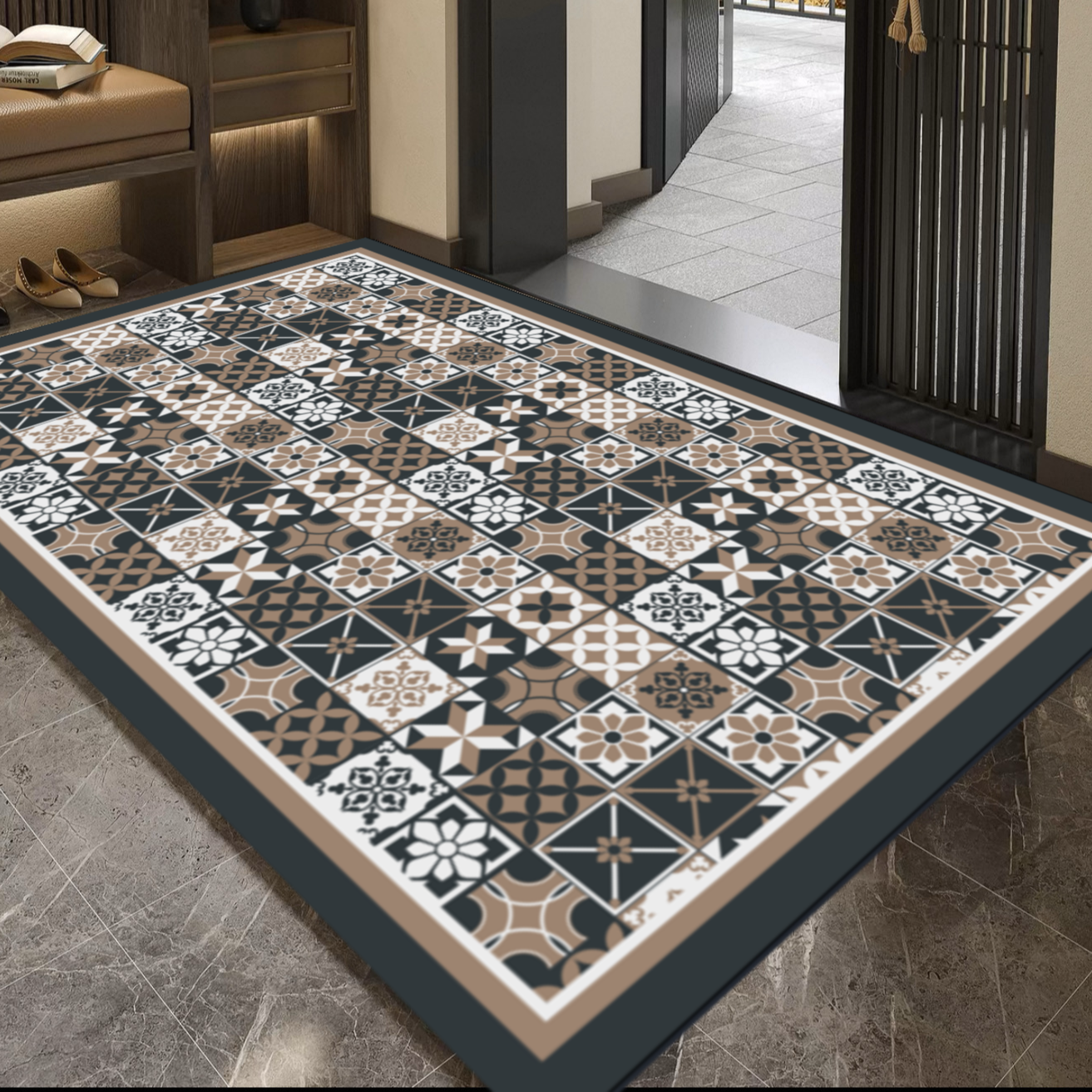 印象【黑卡花砖】皮革厨房专用地垫防水防污防滑脚垫可擦洗满铺地垫