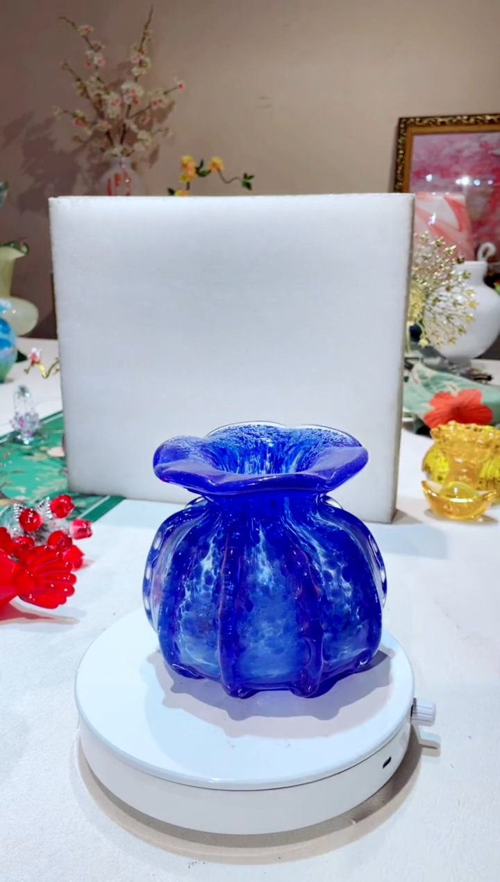 【闪购商品】琉璃手工艺品宝蓝色福袋花瓶  微瑕